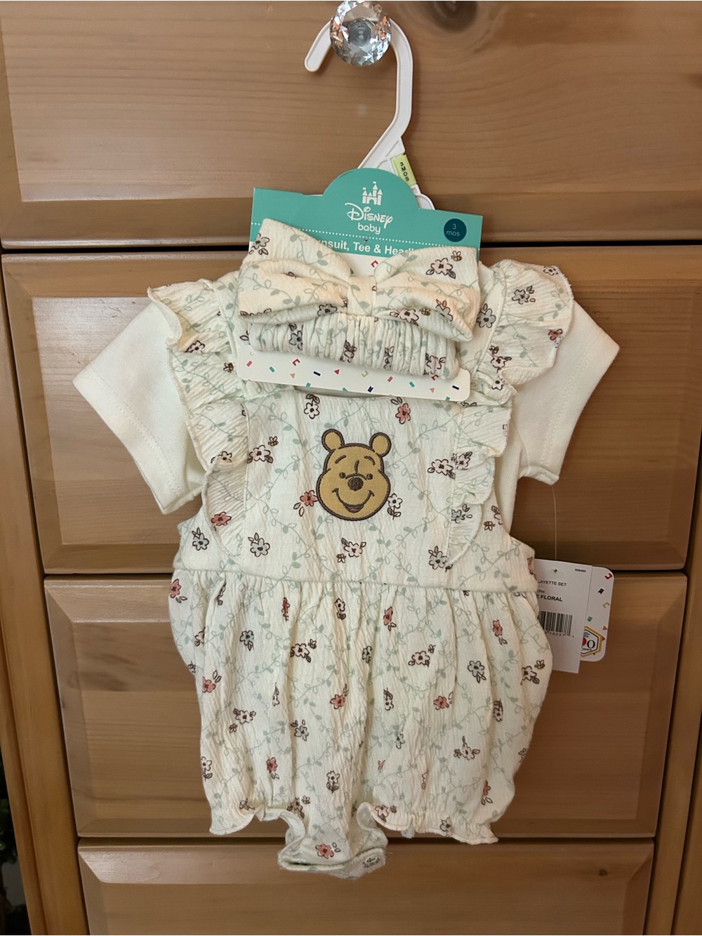 Disney Baby Cream Floral Winnie the Pooh Romper with Matching Bow NWT